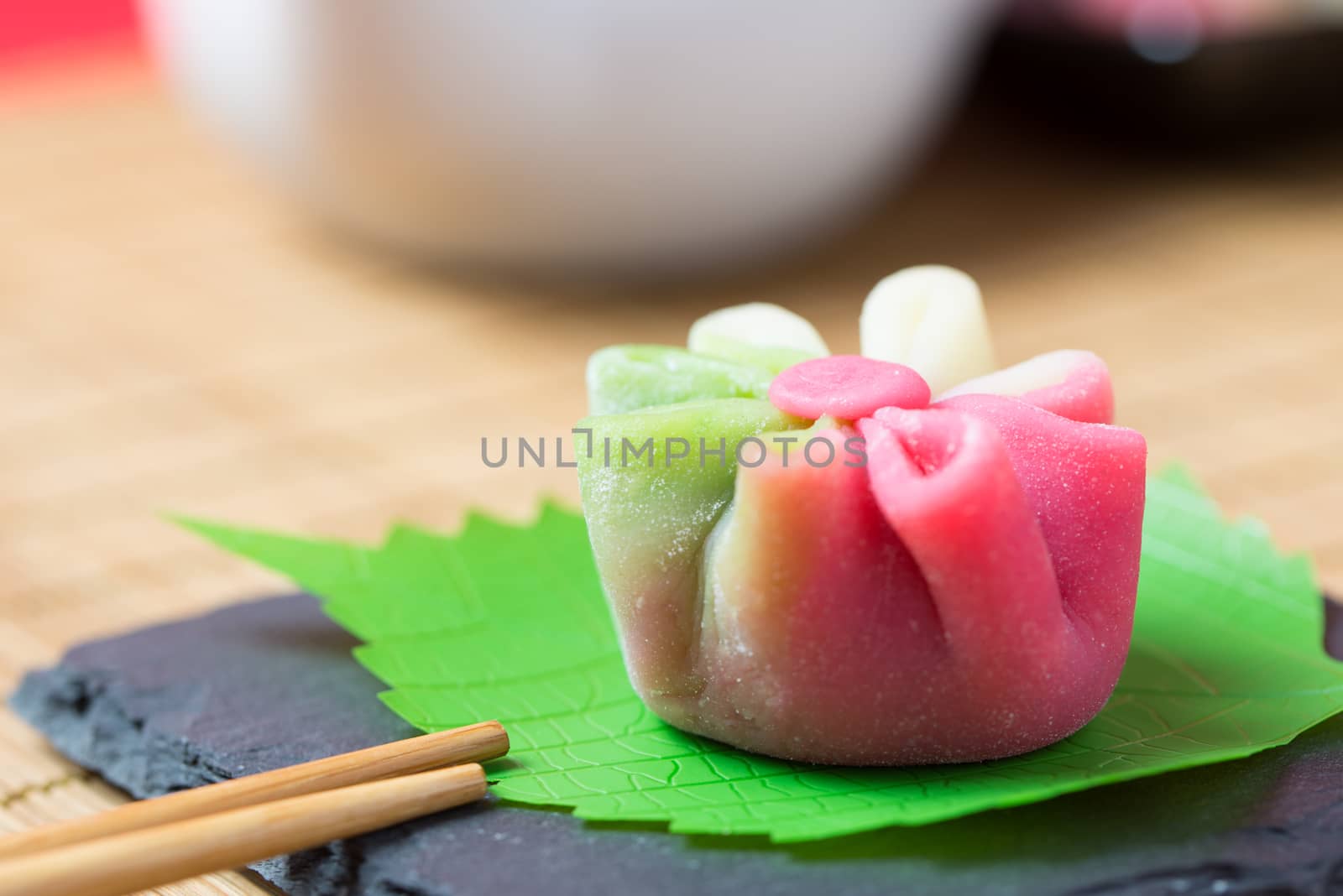 Japanese traditional confectionery cake wagashi served on plate