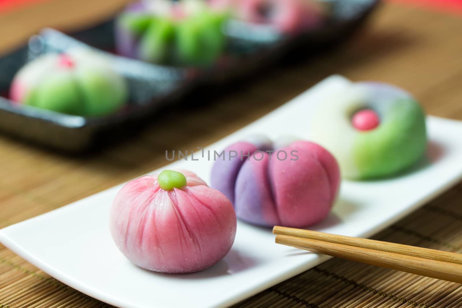 Japanese traditional confectionery cake wagashi served on plate