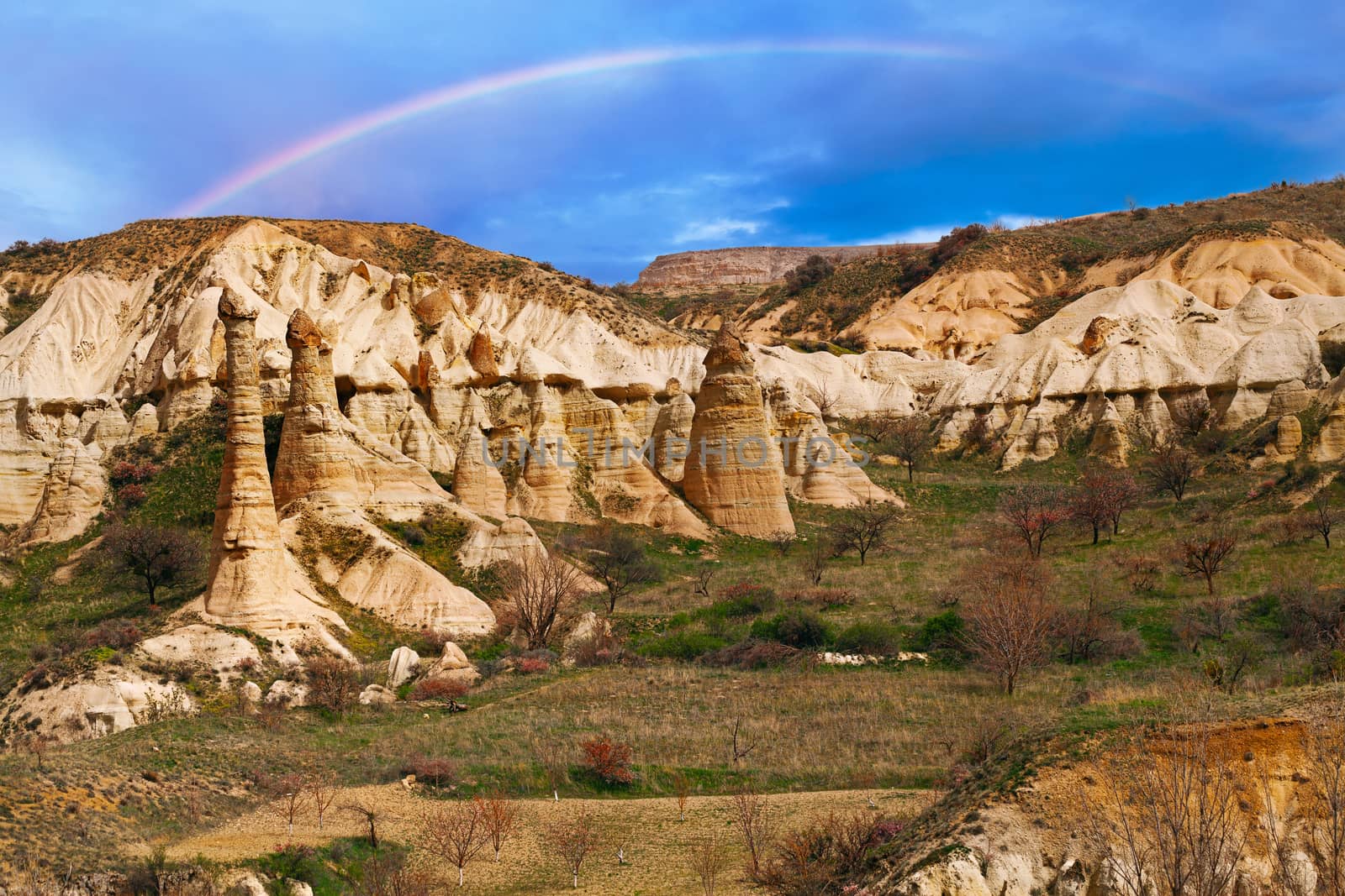 Cylindrical stone cliffs in valley named Love valley near Goreme, Turkey