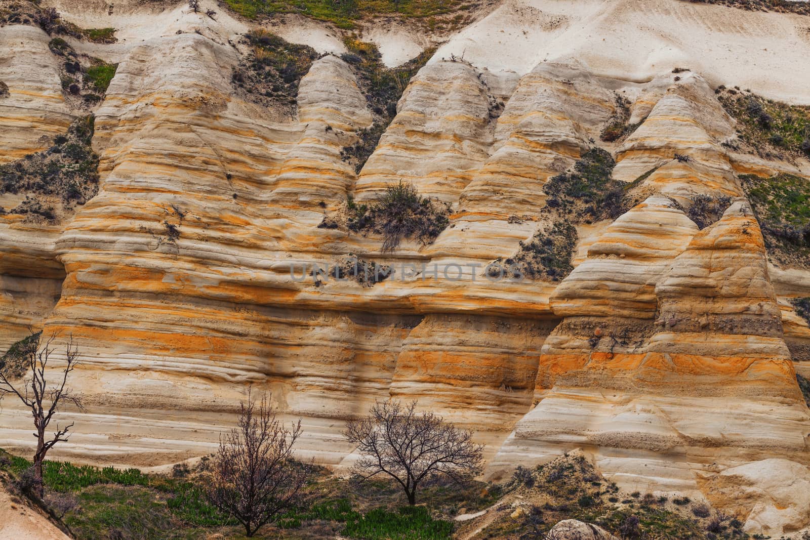 Stone cliffs valley near Goreme, Cappadocia, Turkey