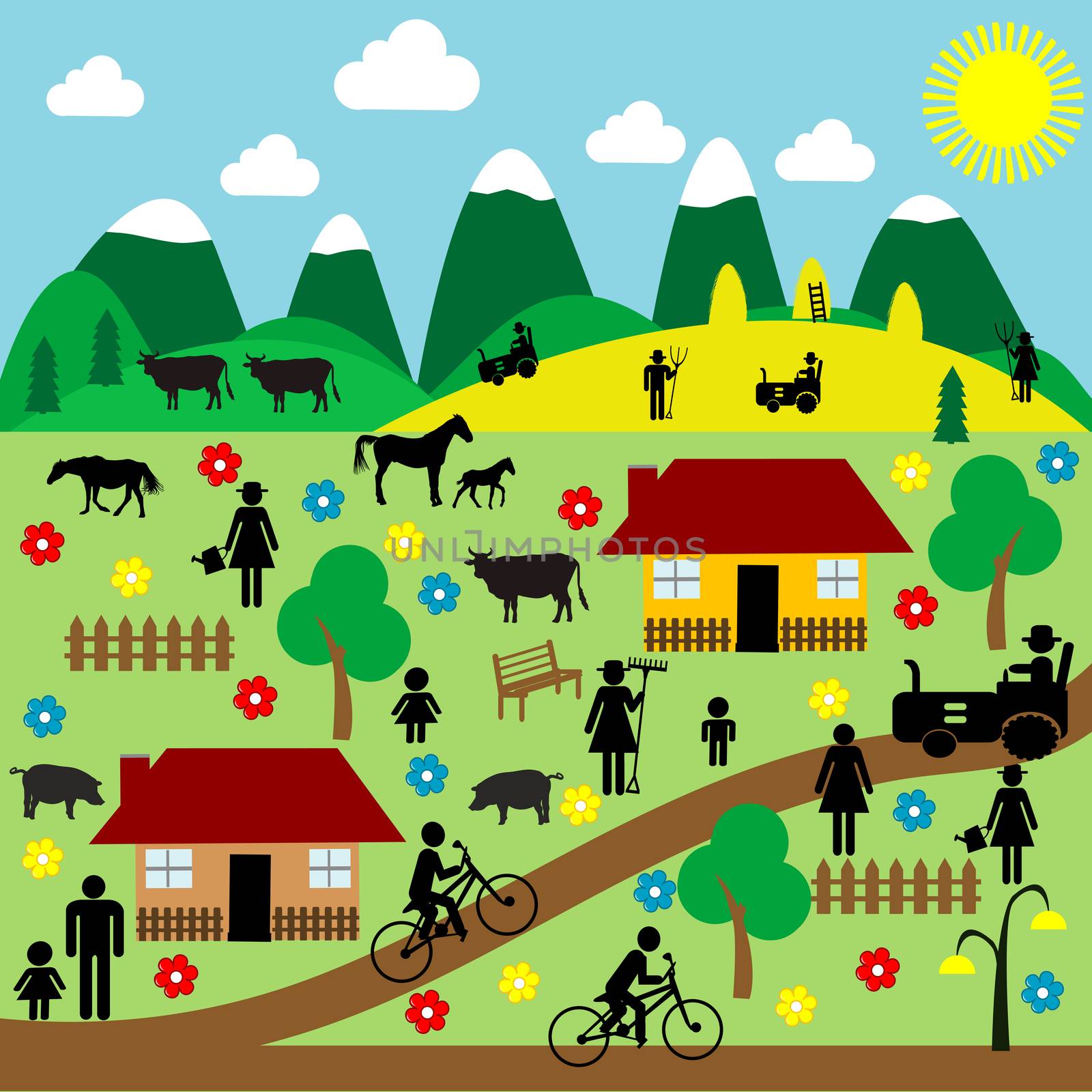 Countryside scene with pictograms with domestic animals and peasants
