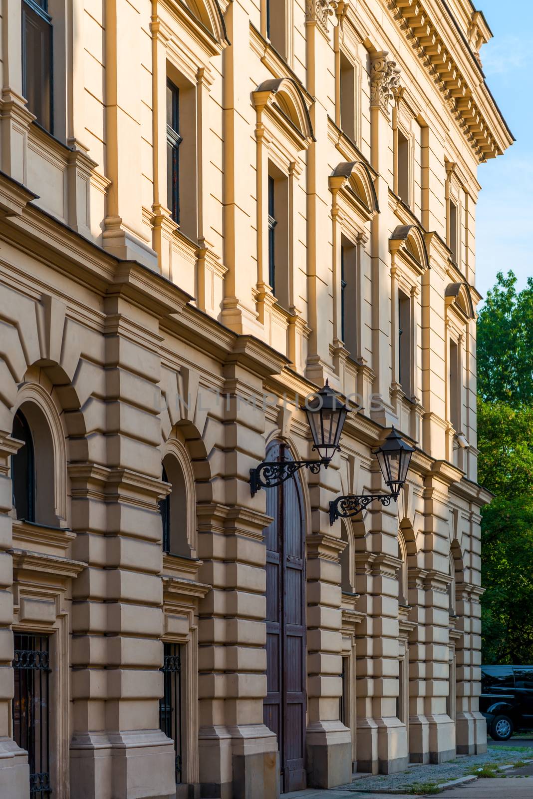 beautiful facade of a beige building in europe, Poland