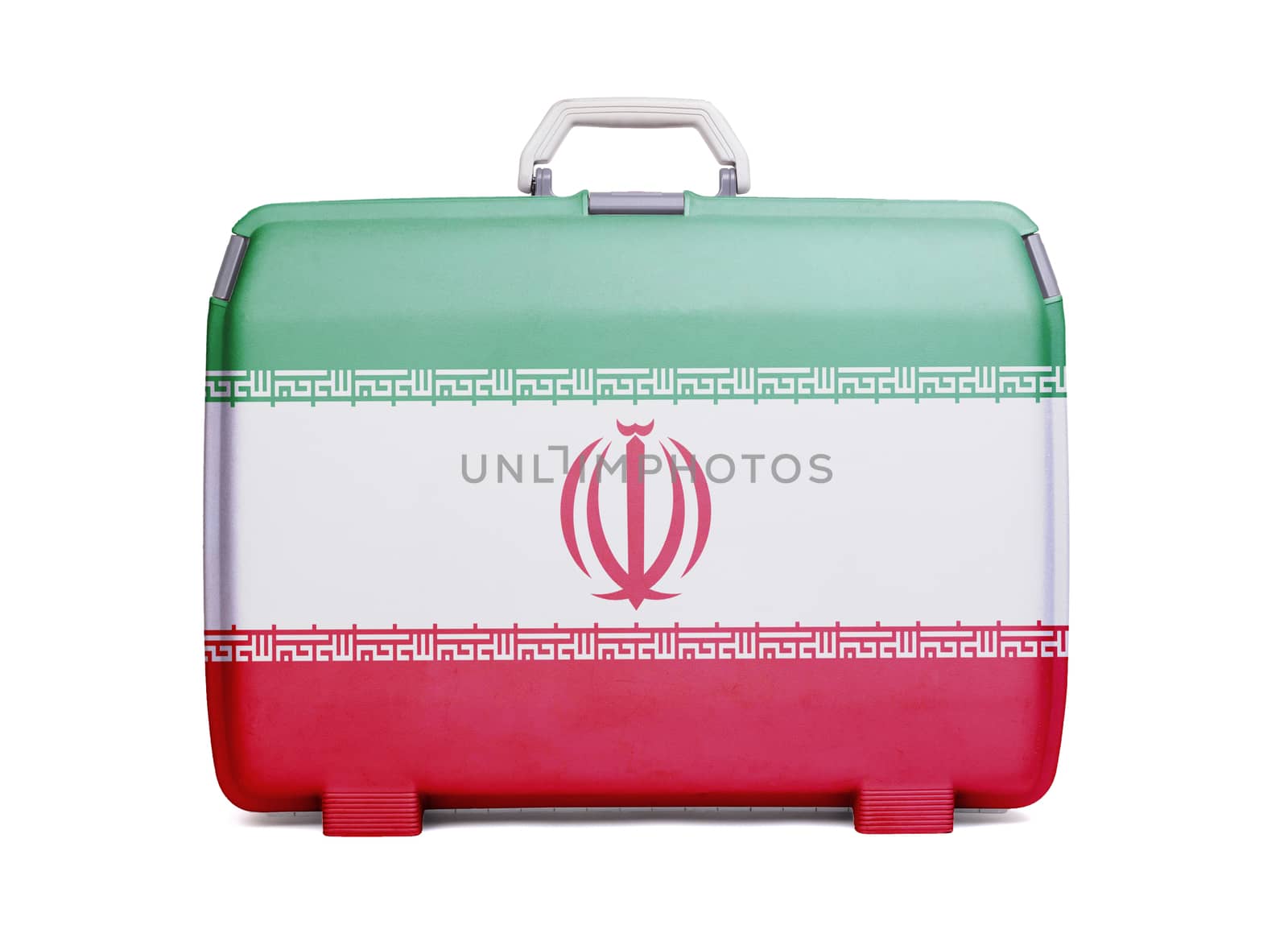 Used plastic suitcase with stains and scratches, printed with flag, Iran