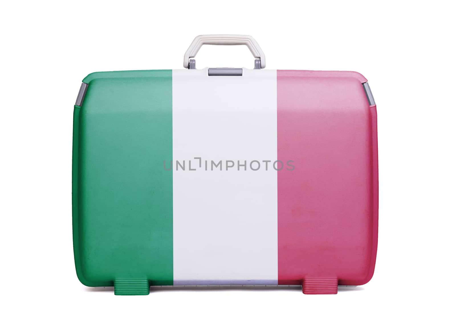 Used plastic suitcase with stains and scratches, printed with flag, Italy