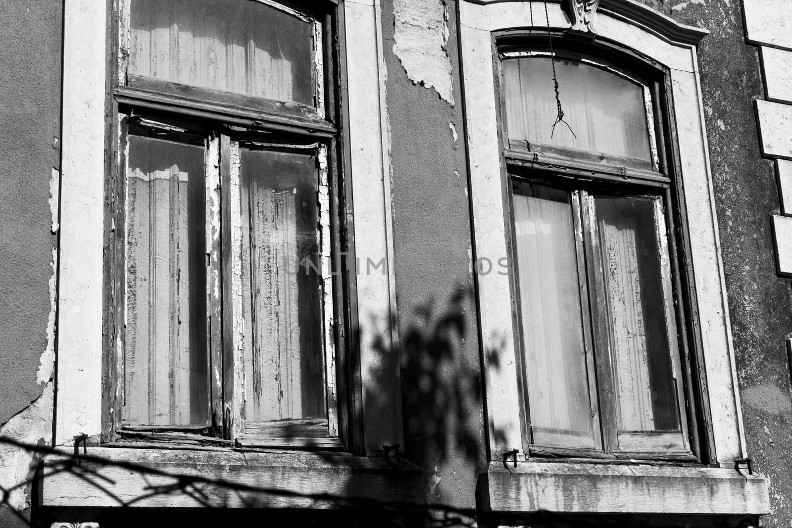 Ruined ancient windows in black and white photo