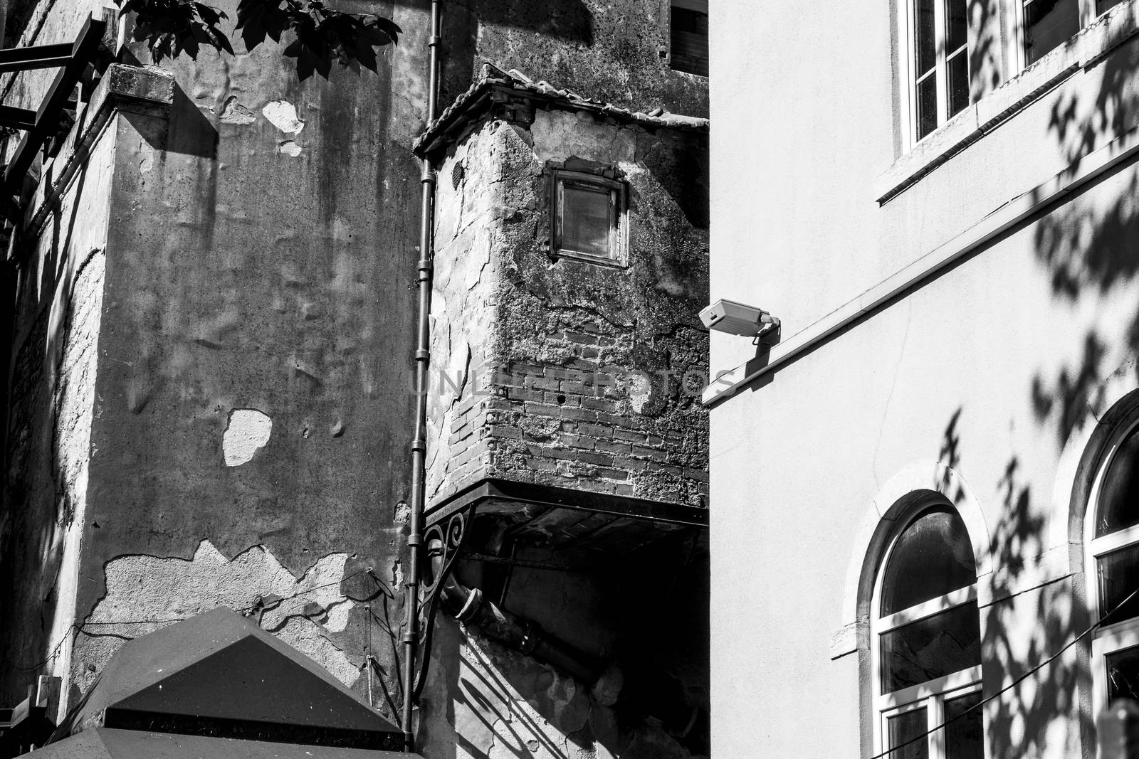 ancient ruined building with iron scaffolding Ancient textile factory in Lisbon