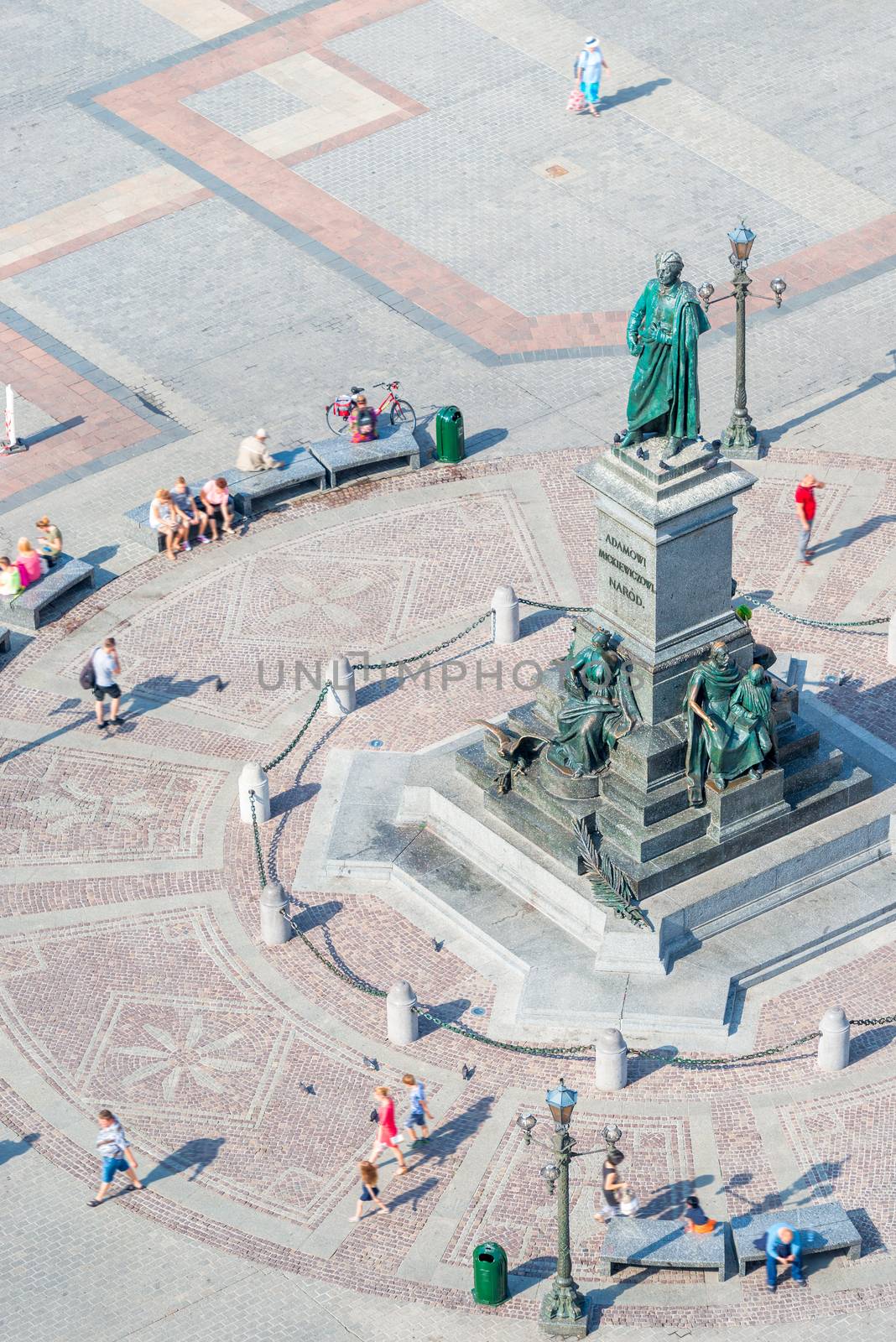 The famous monument to Polish poet Adam Mickiewicz on the main square of Krakow, Poland