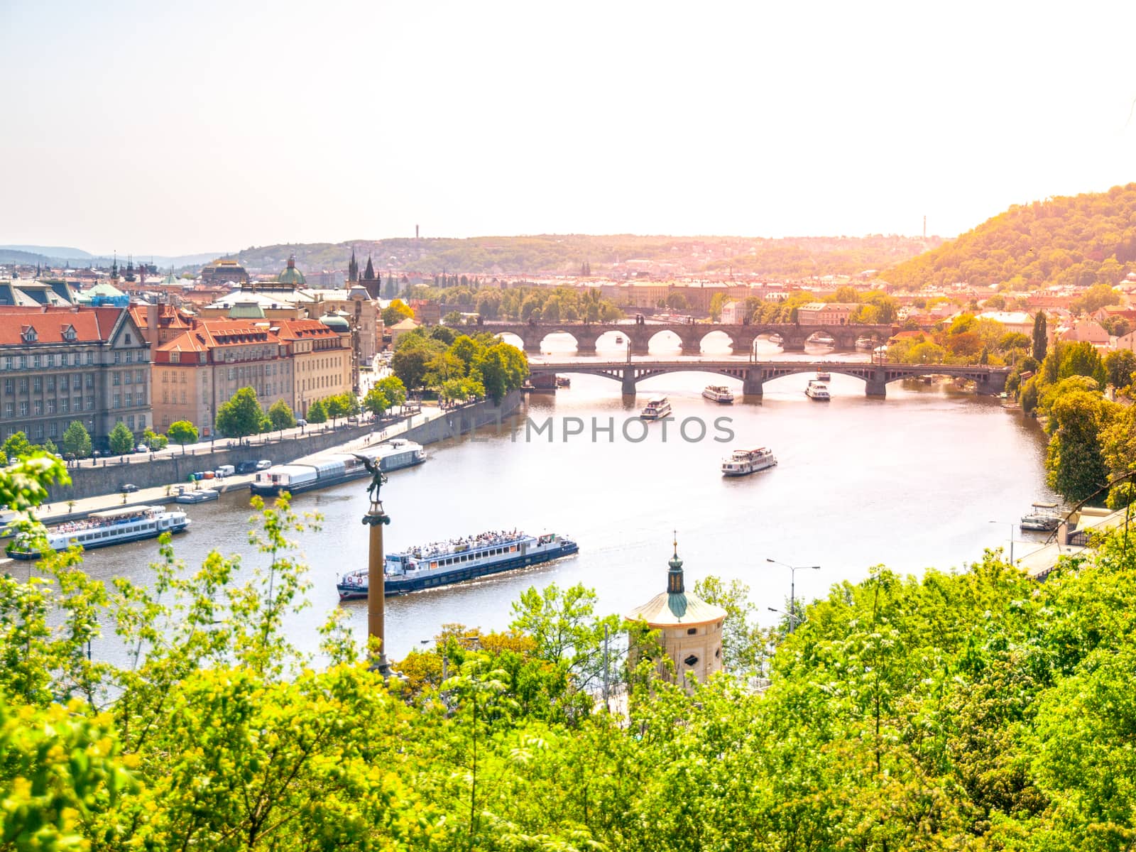 Bridges of Prague over Vltava River on sunny summer day. Scenic view from Letna. Prague, Czech Republic.