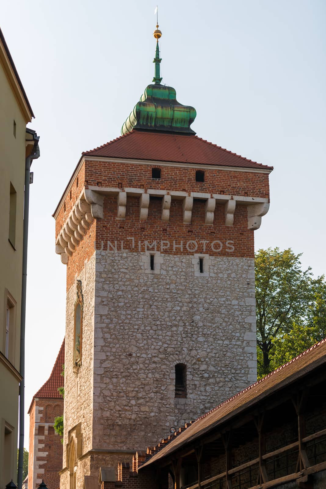 Tower of the Florian Gate close-up, architecture of the city of Krakow, Poland