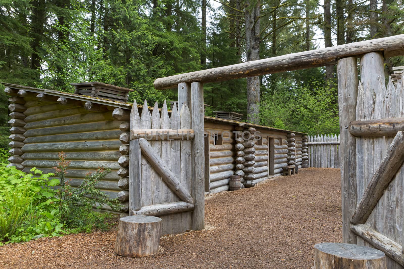 Gate to Log Encampment at Fort Clatsop in Lewis and Clark National and State Historical Park in Oregon