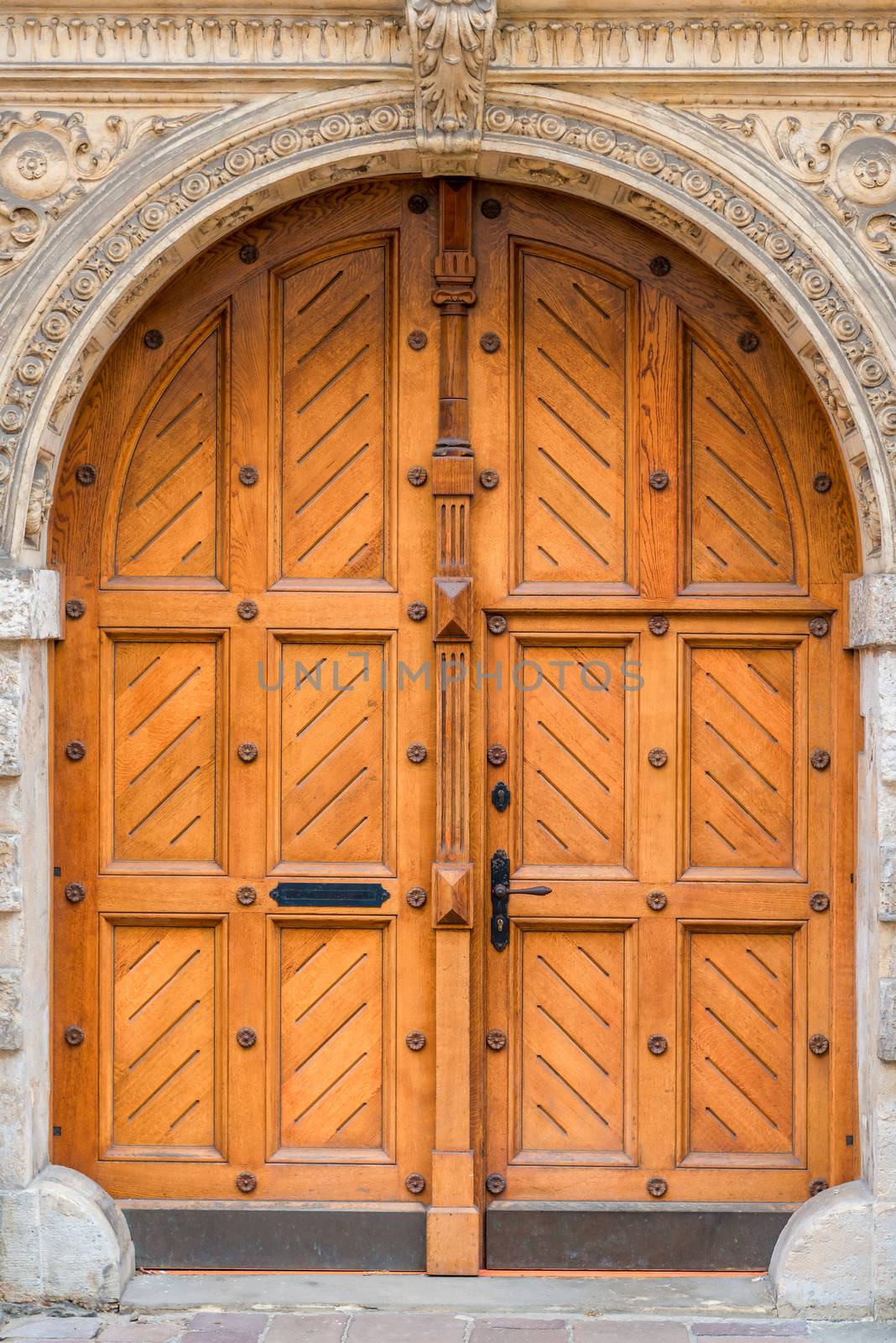 closeup of a beautiful wooden door in the building