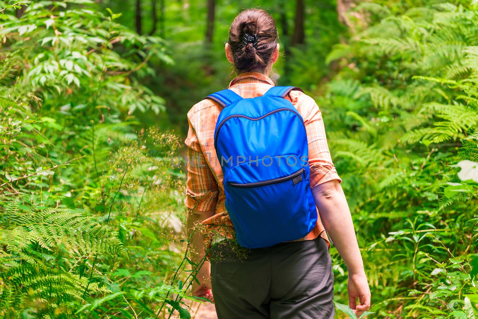 view from the back of a woman with a backpack walking through the woods