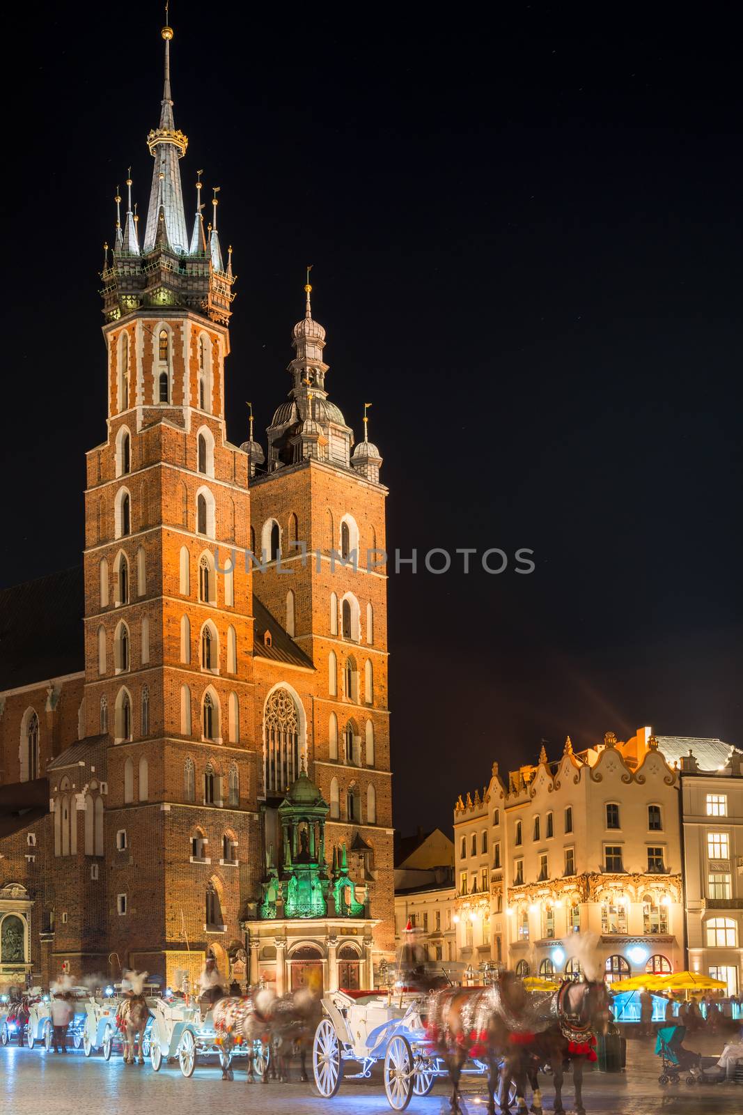 Church of Mary against the black night sky, Krakow Poland