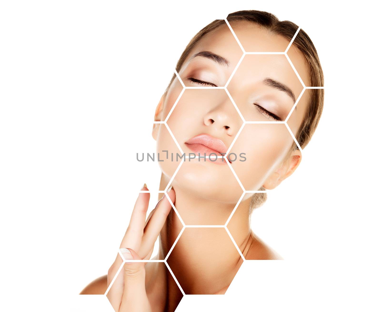 Pretty woman is touching her face, skin treatment concept. by Nobilior