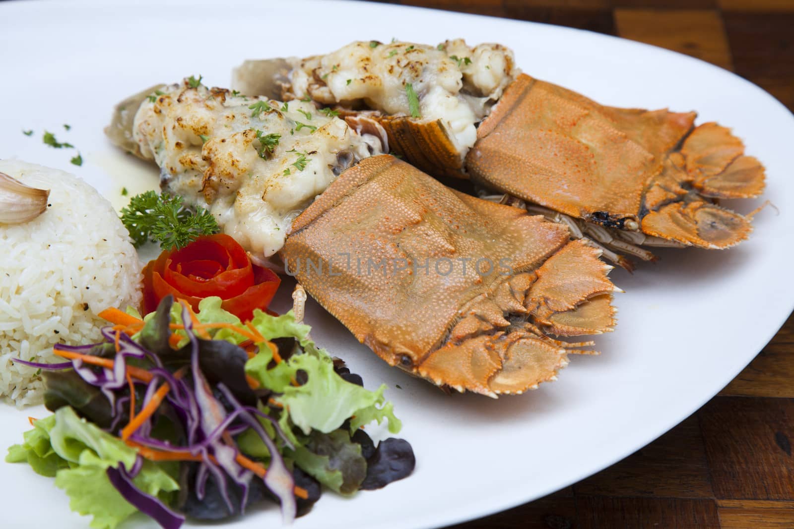 Seafood menu. There are lobster and rice ,Thai food in a luxury hotel.