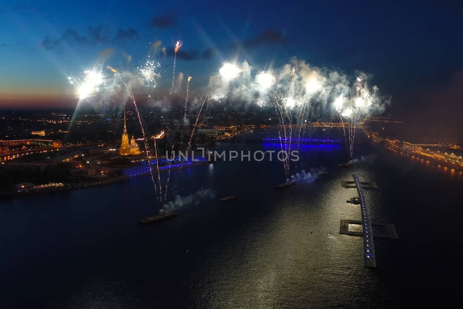 Salute Scarlet Sails. The festive salute is grandiose. Fireworks pyrotechnics.