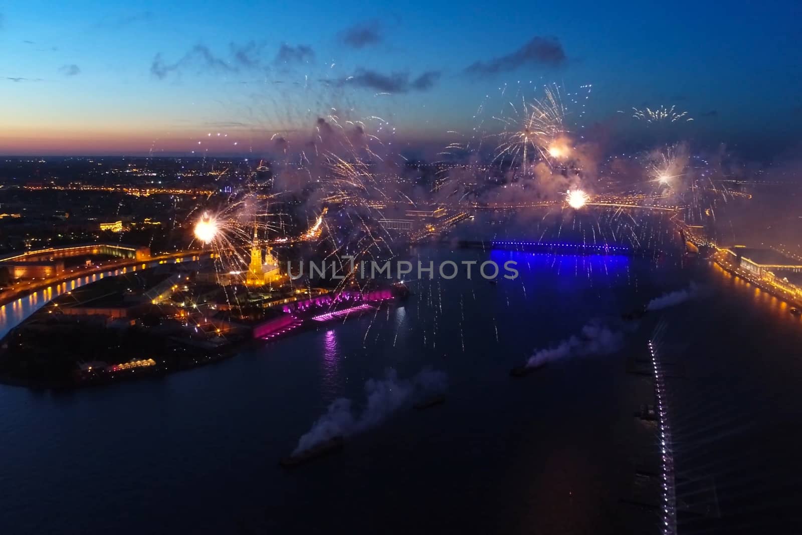 Salute Scarlet Sails. The festive salute is grandiose. Fireworks pyrotechnics.