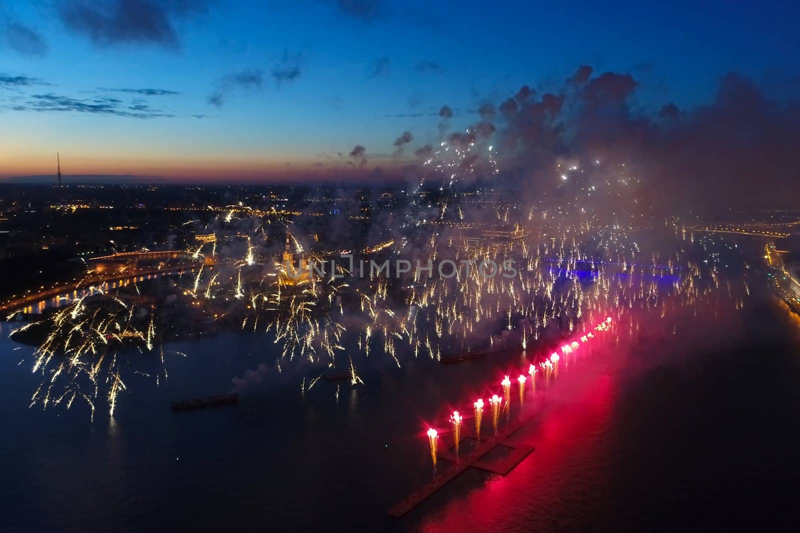 Salute Scarlet Sails. The festive salute is grandiose. Fireworks pyrotechnics.