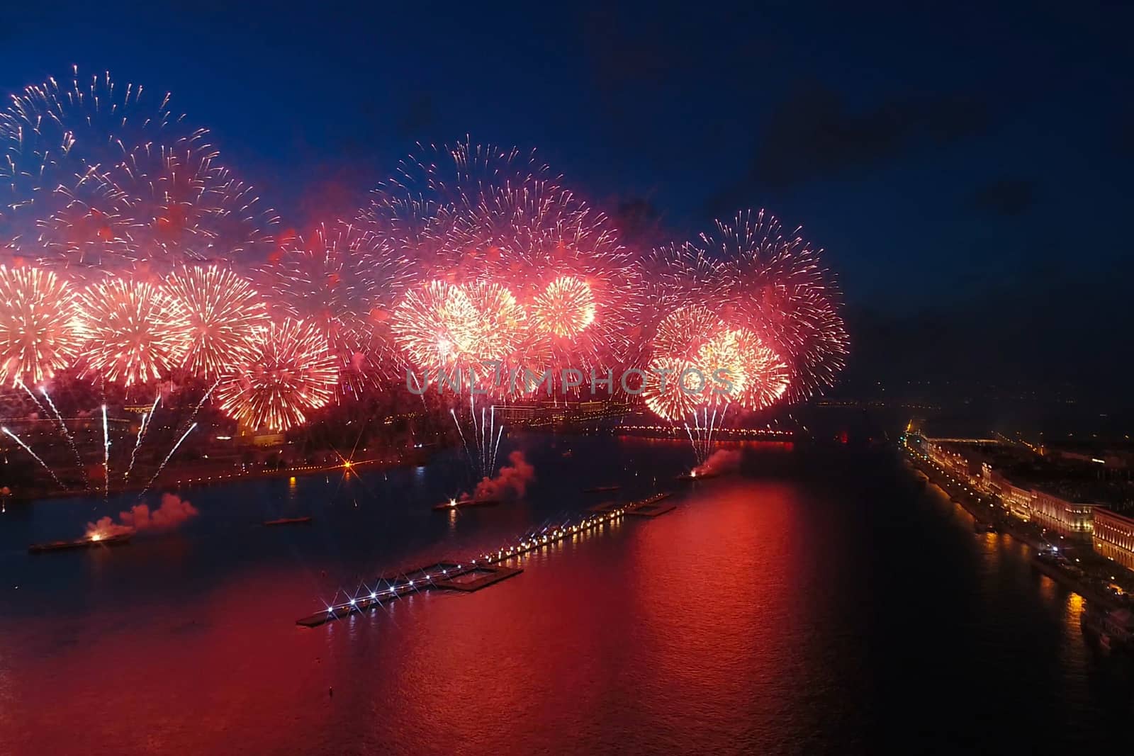 Salute Scarlet Sails. The festive salute is grandiose. Fireworks pyrotechnics.