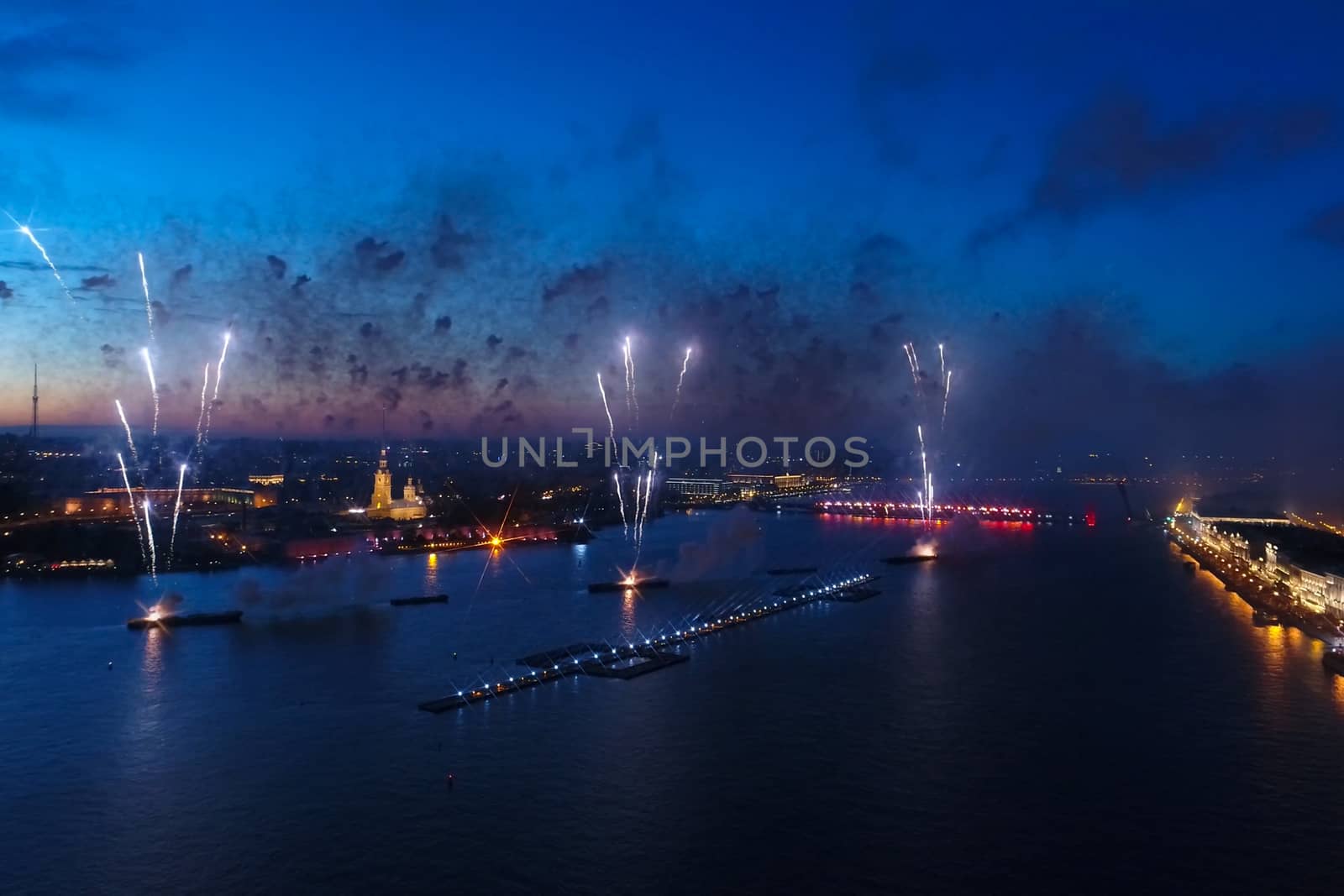 Salute Scarlet Sails. The festive salute is grandiose. Fireworks pyrotechnics.