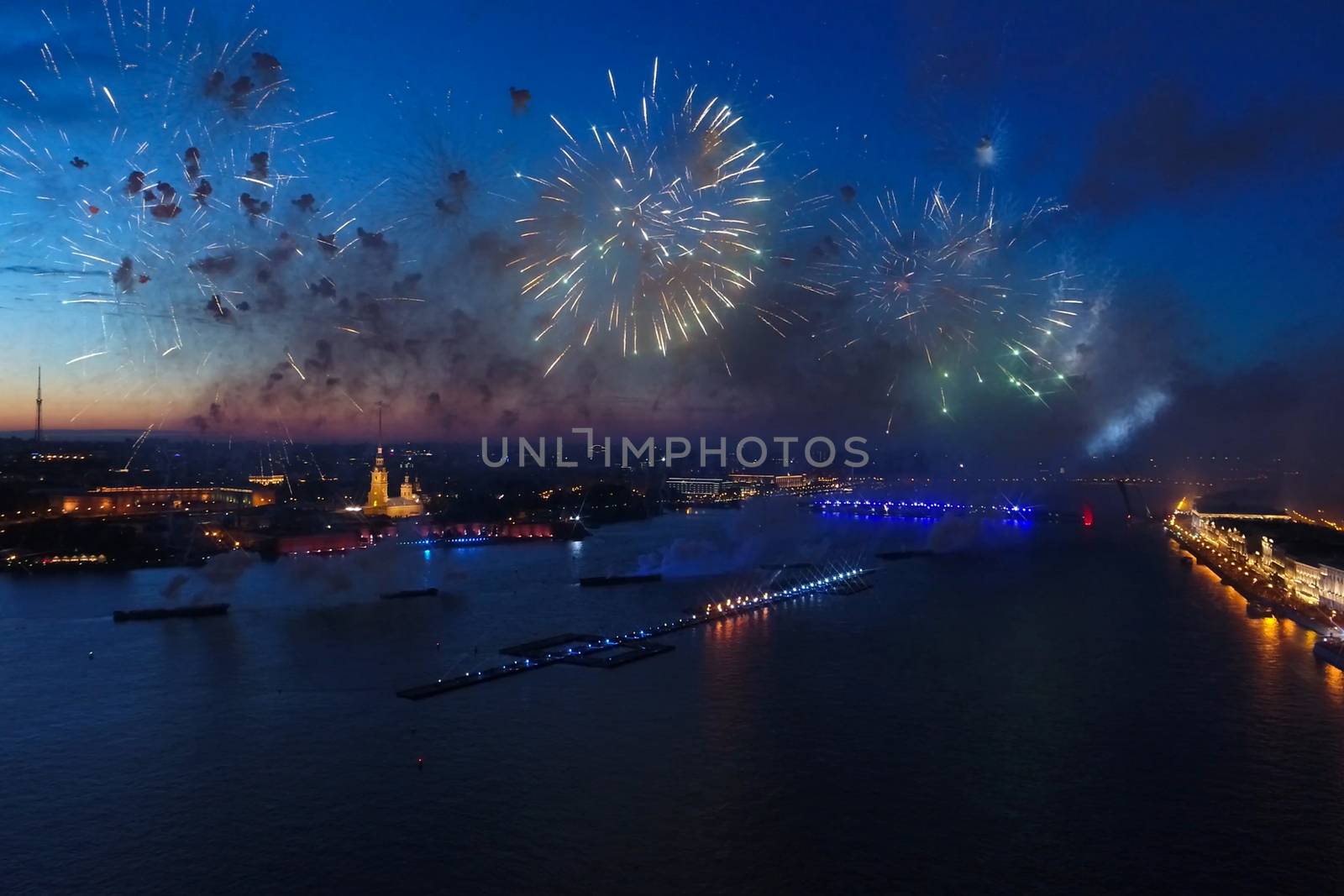 Salute Scarlet Sails. The festive salute is grandiose. Fireworks pyrotechnics.