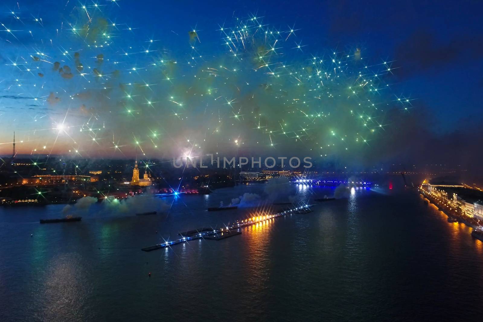 Salute Scarlet Sails. The festive salute is grandiose. Fireworks pyrotechnics.