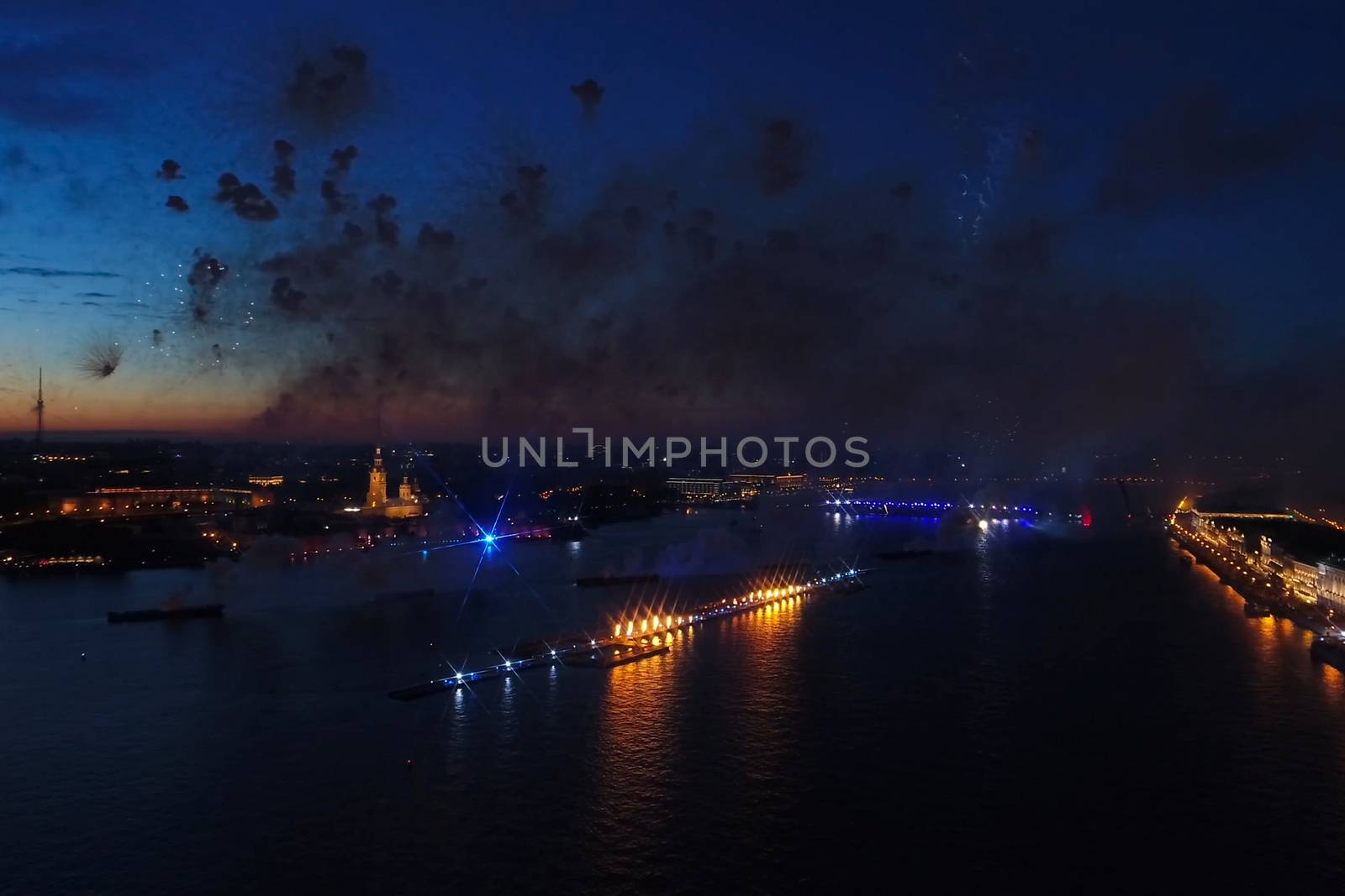 Salute Scarlet Sails. The festive salute is grandiose. Fireworks pyrotechnics.