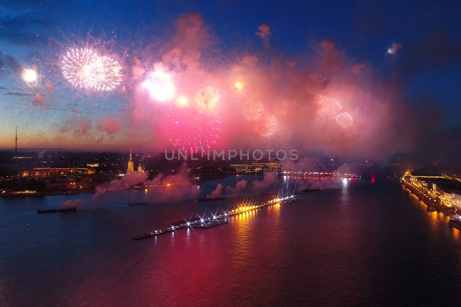 Salute Scarlet Sails. The festive salute is grandiose. Fireworks pyrotechnics.