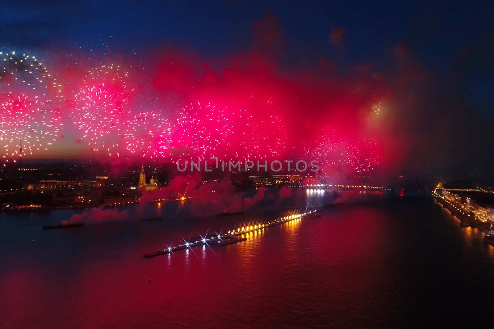 Salute Scarlet Sails. The festive salute is grandiose. Fireworks pyrotechnics.