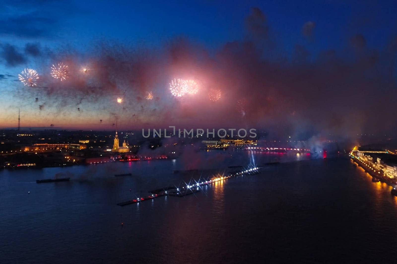 Salute Scarlet Sails. The festive salute is grandiose. Fireworks pyrotechnics.