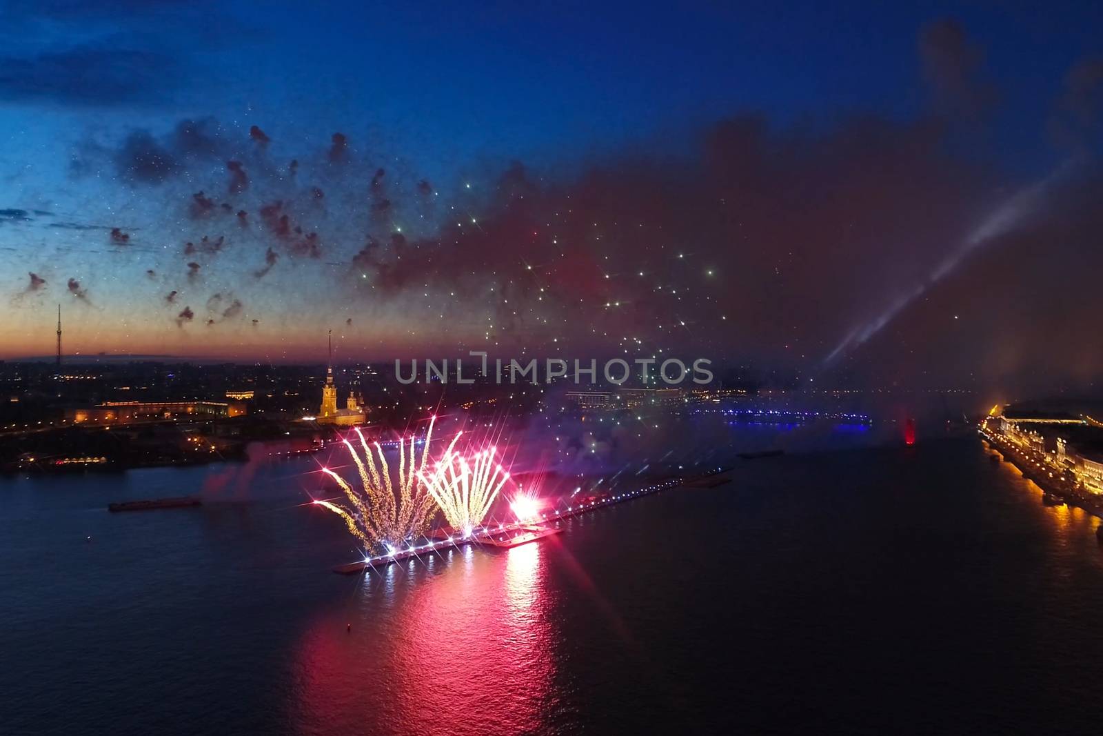 Salute Scarlet Sails. The festive salute is grandiose. Fireworks pyrotechnics.