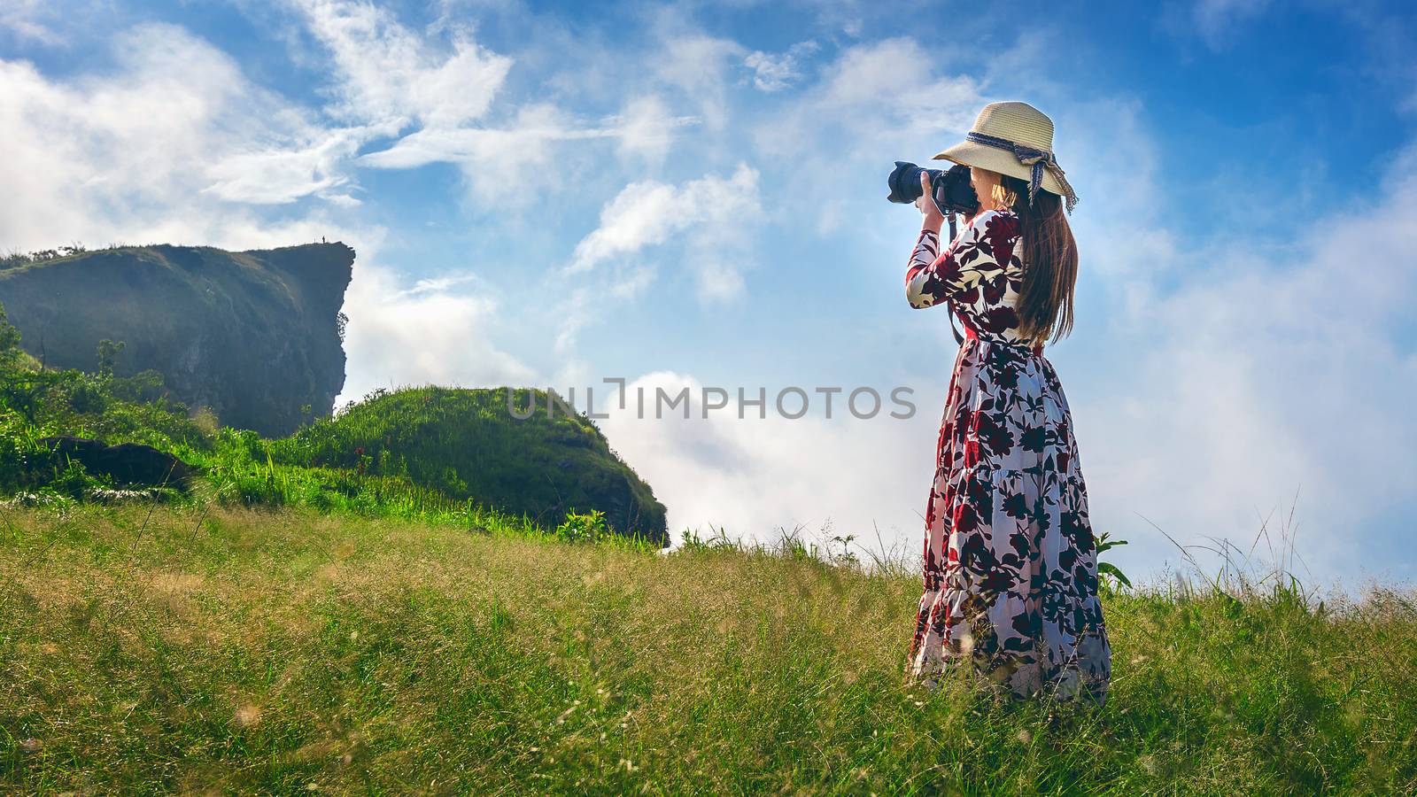 Woman standing on meadow and holding camera take photo at Phu Chi Fa mountains in Chiangrai, Thailand. Travel concept. Vintage tone.