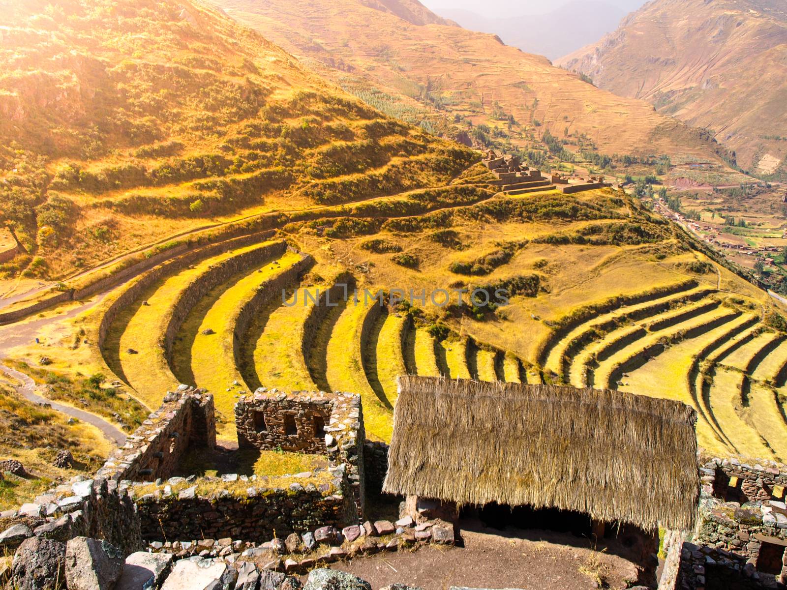 Terraces of Pisaq ruins. Incan citadel in Urubamba valley, Peru, Latin America by pyty