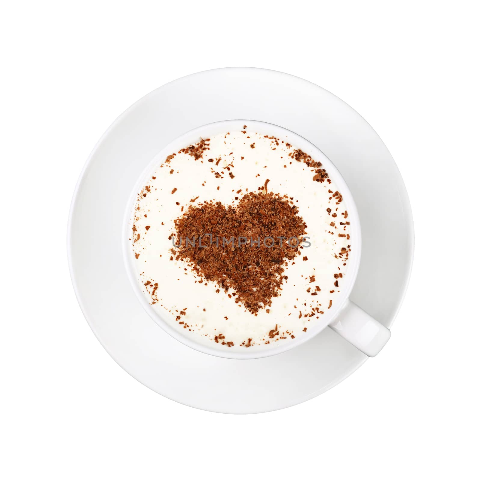 Close up one full white cup of frothy latte cappuccino coffee with heart shaped brown chocolate art, on saucer isolated on white background, elevated top view, directly above