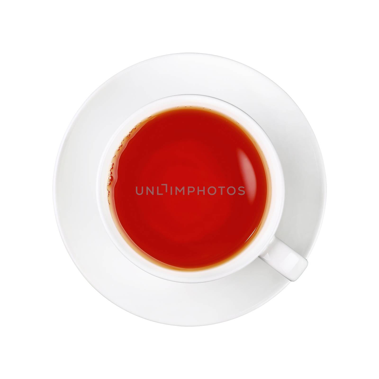 Close up one full white cup of black red tea on saucer isolated on white background, elevated top view, directly above