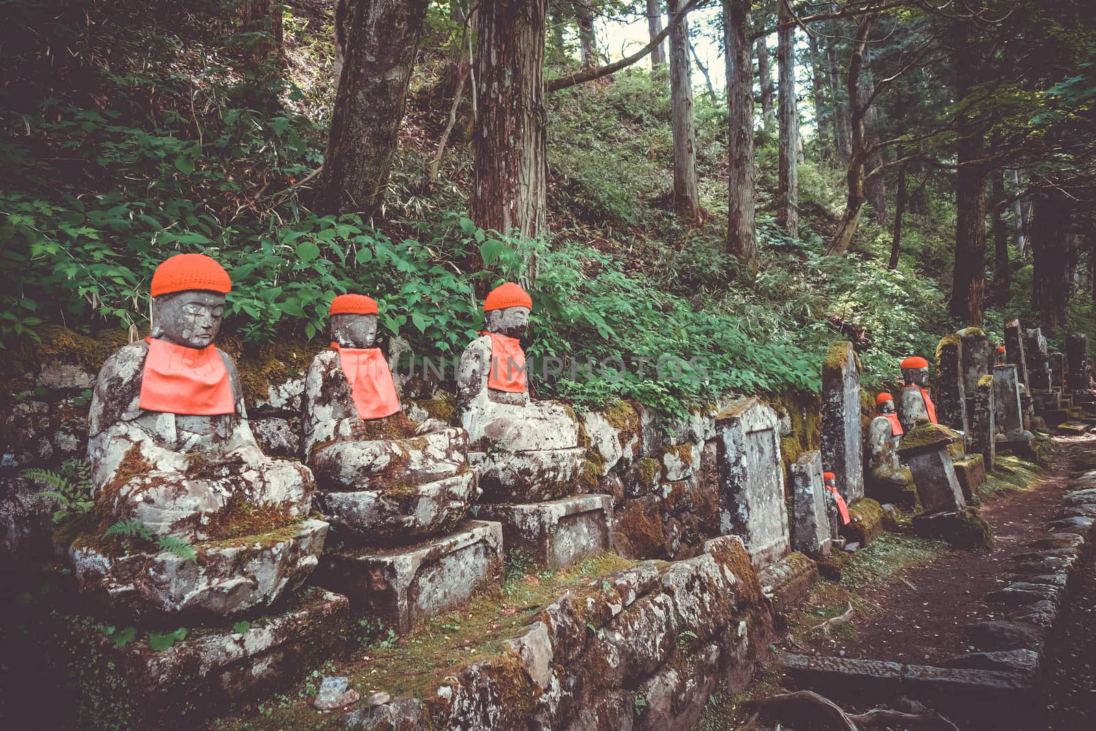 Narabi Jizo statues landmark in Kanmangafuchi abyss, Nikko, Japan