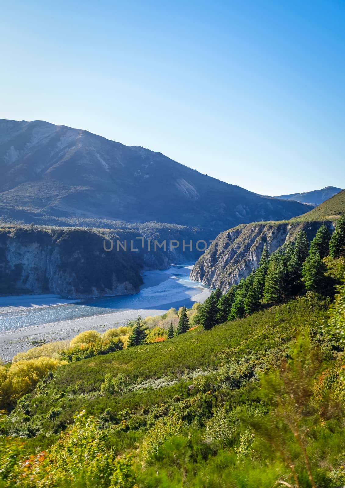 Mountain canyon and river landscape in New Zealand alps