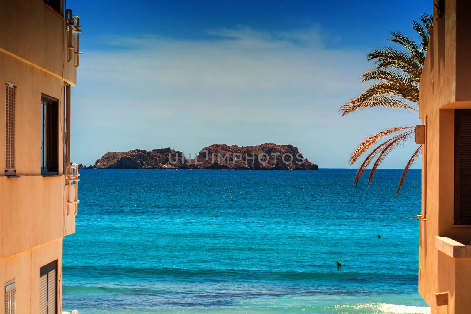 Overlooking the blue sea in the foreground a Spanish style house and a palm tree.