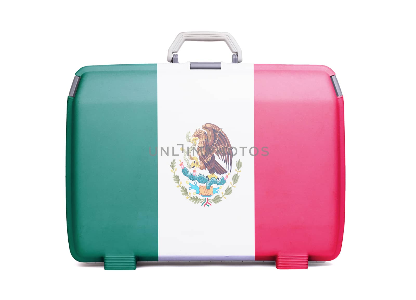 Used plastic suitcase with stains and scratches, printed with sign, danger, cross