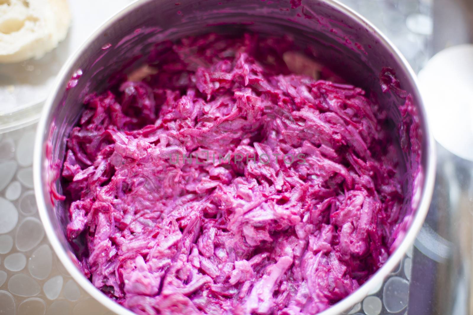 Fresh and quick beet roots salad on table