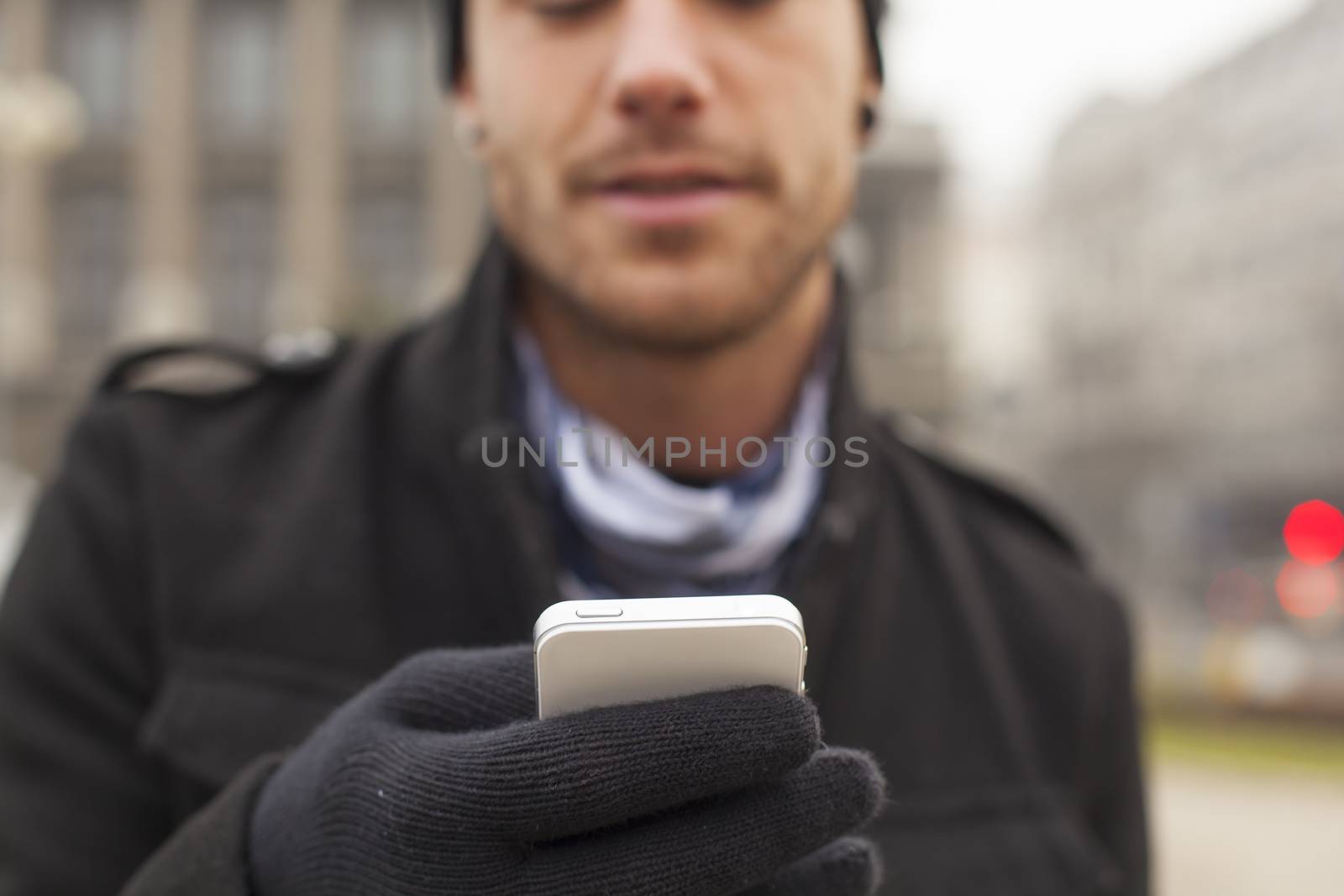 Traveling Man With Mobile Phone And Hat, In City, Urban Space