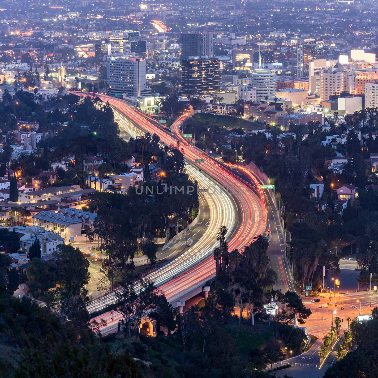 Aerial Los Angeles Cityscape Sunset, LA California, USA