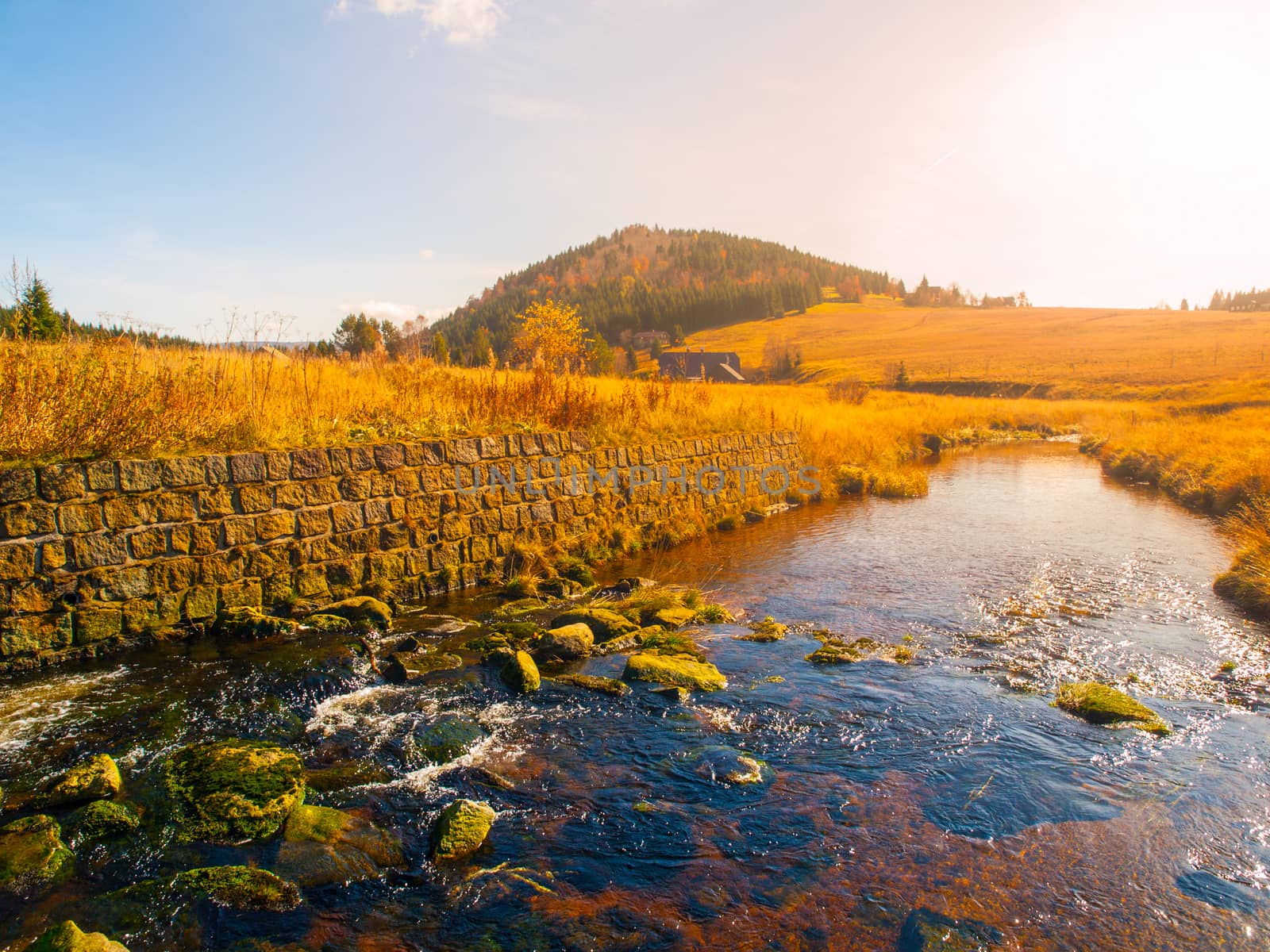 Summer landscape with creek in Jizerka village. Bukovec Mountain on the backgroud. Czech Republic.