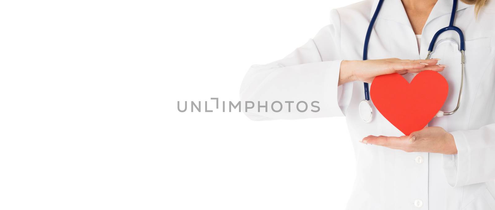 Female doctor holding heart shape paper studio isolated on white background