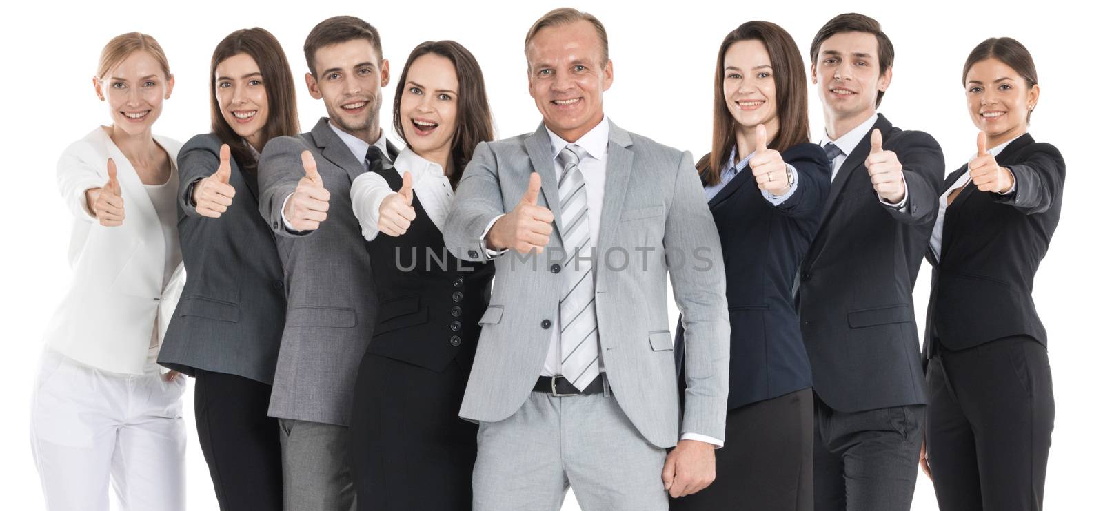 Business team showing thumb up isolated on white background