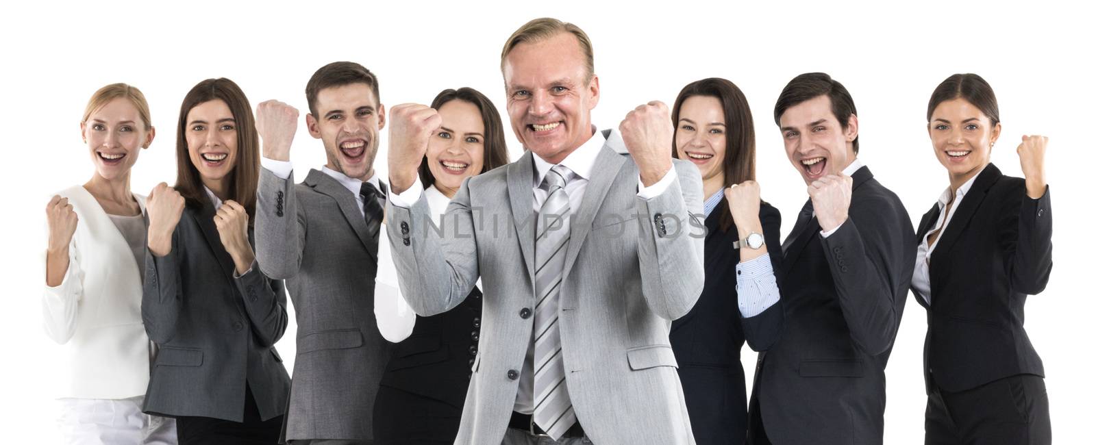 Successful excited business people group team standing together and holding fist ok yes gesture isolated over white background