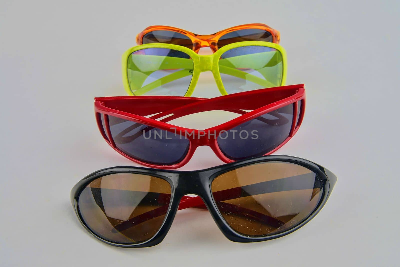 Set of various glasses. Stylish sunglasses for women and children. Eye glasses collection. On white background.