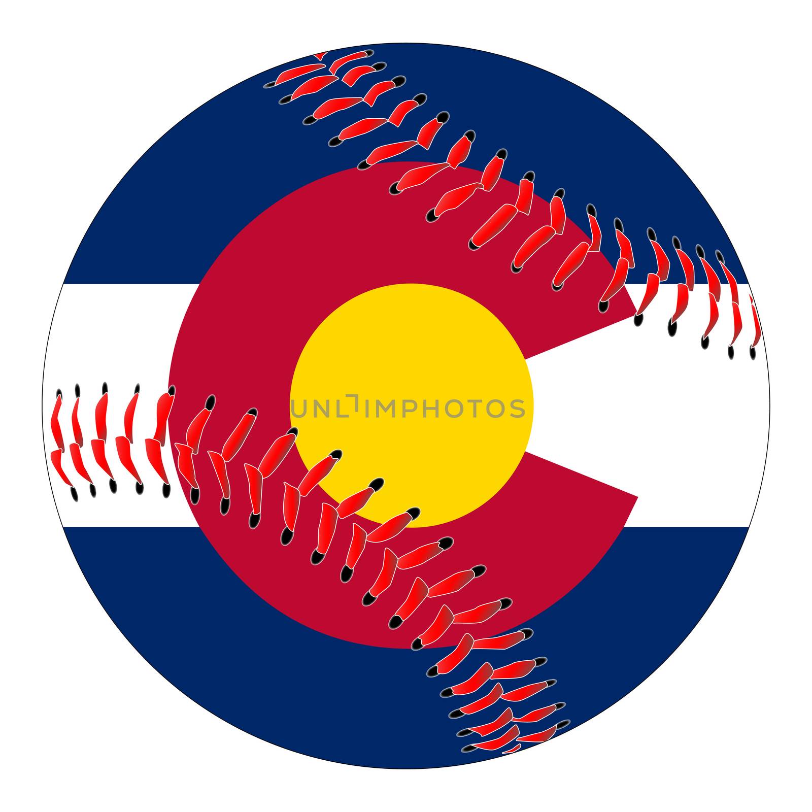 A new white baseball with red stitching with the Colorado state flag overlay isolated on white