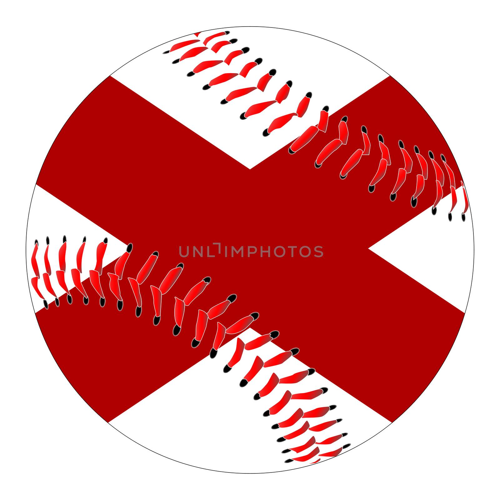 A new white baseball with red stitching with the Alabama state flag overlay isolated on white