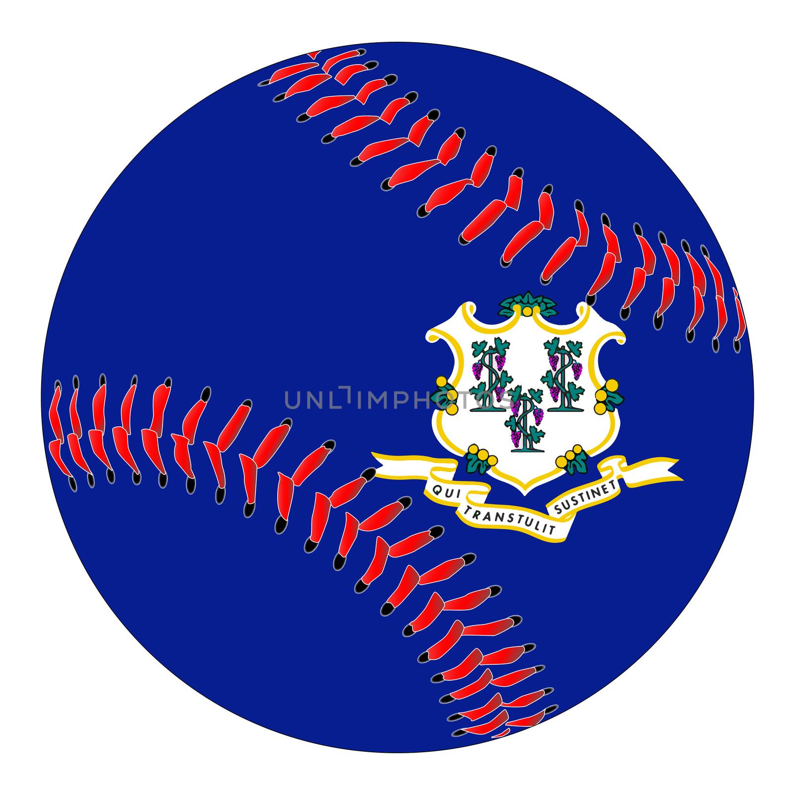 A new white baseball with red stitching with the Connecticut state flag overlay isolated on white